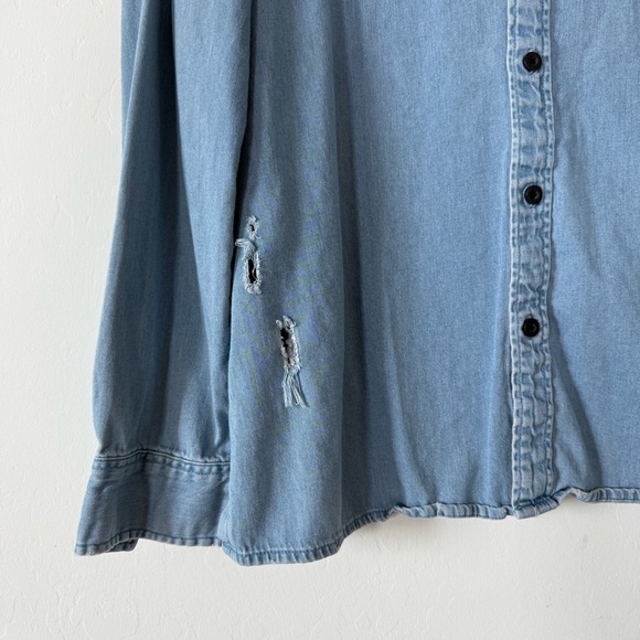 Pac Sun Boho Distressed Denim Chambray  Long Sleeve Button Down Shirt Large - Picture 2 of 12